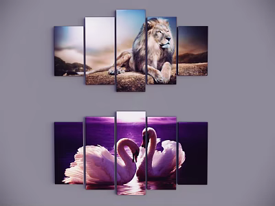 Lion and Swan Animal Paintings Five Panel Canvas Wall Art Decor 3d model