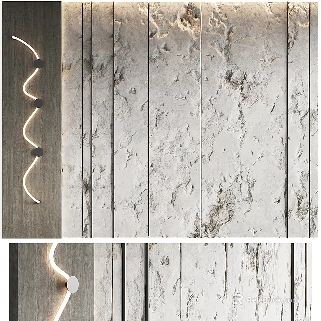 Bedroom Accent Wall With Textured Wood And Curved Lights 3d model 