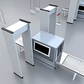 Modern Commercial Security Equipment With Multiple Metal Detector Gates Barriers And Tables