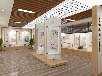 School Art Exhibition Interior with Calligraphy Paintings and Wooden Display Racks 3d model