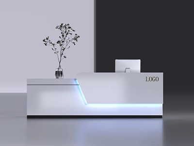 Modern White Reception Desk With Blue LED Lighting Vase And Company Logo 3d model