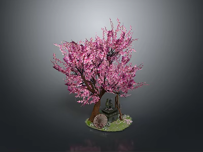 Pink Cherry Blossom Tree With Small Stone Statue On Green Grass Base 3d model