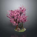 Pink Cherry Blossom Tree With Small Stone Statue On Green Grass Base