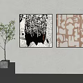 Two Abstract Artworks On Wall With Potted Plant And Minimalist Decor 3d model