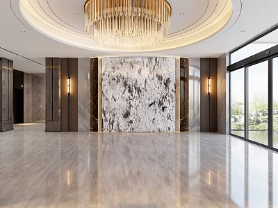 Front Desk Reception Area With Elegant Marble Wall Chandelier Floor-to-Ceiling Windows And Polished Floor 3d model
