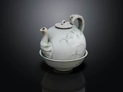 Elegant Light Gray Ceramic Teapot With Artistic Patterns And Saucer On Black Background 3d model