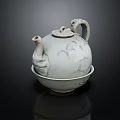 Elegant Light Gray Ceramic Teapot With Artistic Patterns And Saucer On Black Background 3d model