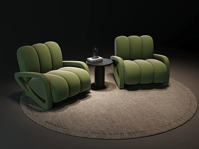Leisure Sofa Set With Green Upholstered Armchairs And Small Round Table On Round Gray Rug 3d model