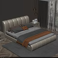 White Leather Upholstered Double Bed with Headboard Nightstand Lamp Curtains Pendant Lights and Gray Rug