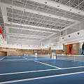 Indoor Sports Gymnasium With Blue Court White Lines Metal Ceiling And Sports Figures On Wall