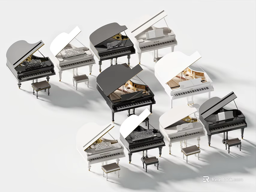 Different Black And White Pianos With Open Lids And Matching Stools 3d model 
