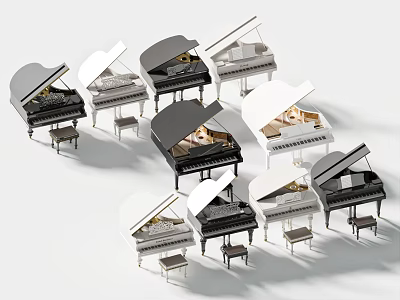 Different Black And White Pianos With Open Lids And Matching Stools 3d model