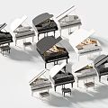 Different Black And White Pianos With Open Lids And Matching Stools 3d model