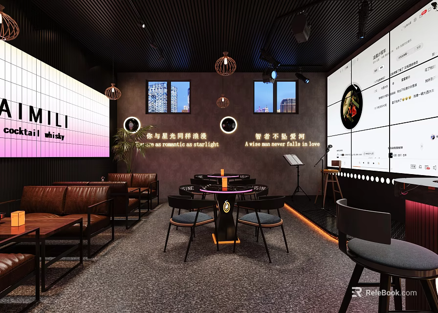 Modern Bar Interior Design With Neon Sign Brown Sofas Round Tables And Pendant Lights 3d model 