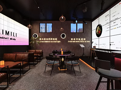 Modern Bar Interior Design With Neon Sign Brown Sofas Round Tables And Pendant Lights 3d model