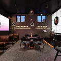 Modern Bar Interior Design With Neon Sign Brown Sofas Round Tables And Pendant Lights