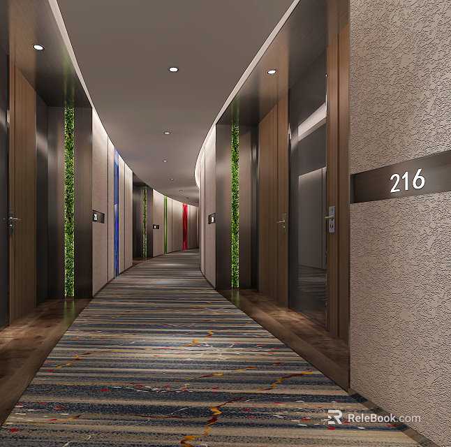 Modern Hotel Corridor Interior With Green Plants Elevator Doors And Striped Carpet 3d model 