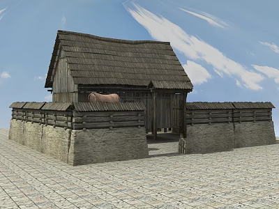 Traditional Ancient Wooden Building With Tile Roof Stone Wall Courtyard Stone Paved Ground 3d model