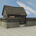 Traditional Ancient Wooden Building With Tile Roof Stone Wall Courtyard Stone Paved Ground