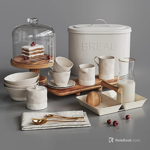 Elegant White Tableware Set With Bread Bin Mugs Bowls Tray Milk Jug And Golden Cutlery 3d model 