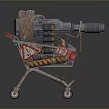 Futuristic Gatling Gun Placed in Shopping Cart With Ammunition Belts And Warning Signs