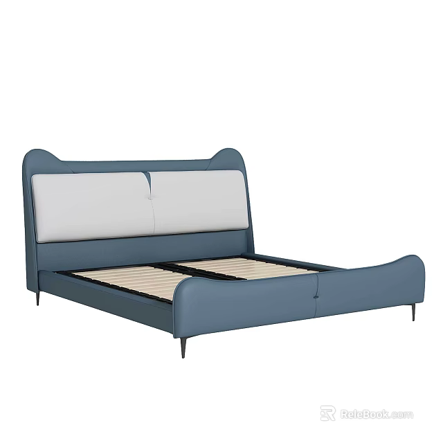 Modern Upholstered Double Bed With Blue Frame And White Padded Headboard 3d model 