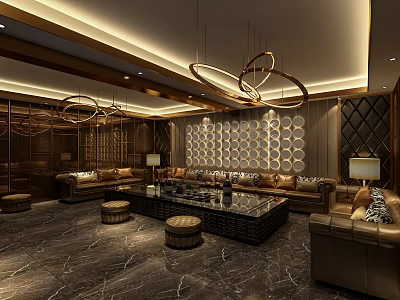 Luxurious KTV Interior With Sofas Coffee Table Chandeliers And Decorative Wall 3d model