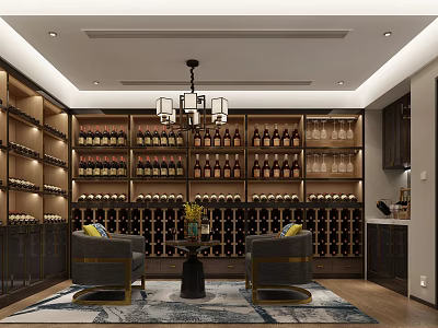 Luxurious Wine Cellar Interior With Chandelier Rows Of Wine Bottles And Comfortable Armchairs 3d model