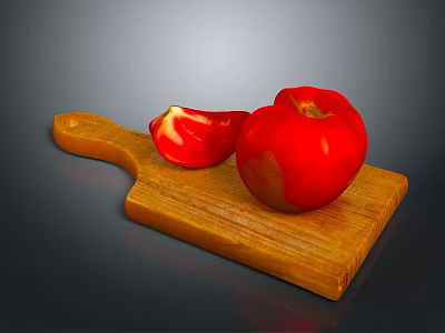 Fresh Whole Red Tomato With Sliced Half On Wooden Cutting Board 3d model