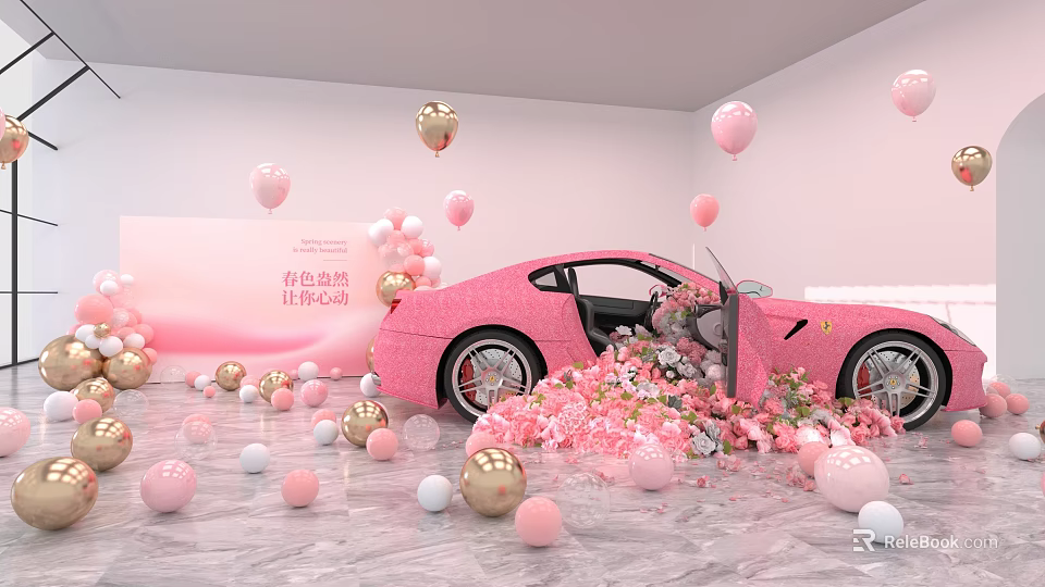 Pink Sports Car Surrounded By Colorful Balloons And Flower Petals In Room 3d model 
