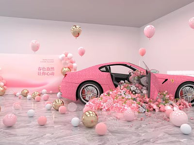 Pink Sports Car Surrounded By Colorful Balloons And Flower Petals In Room 3d model