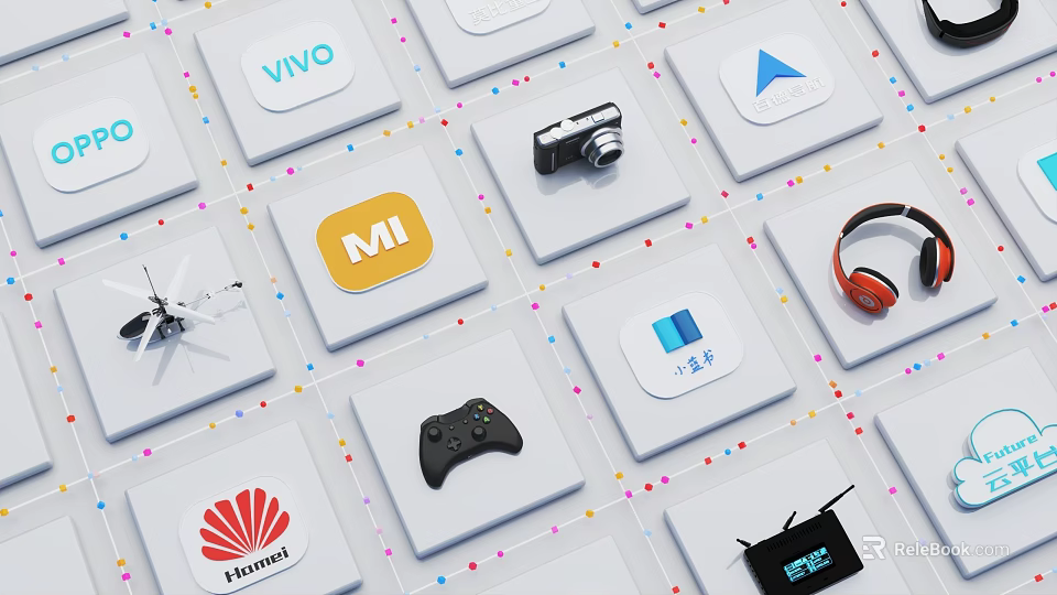 Various App Icons and Electronic Devices Including Vivo MI Huawei Camera Headphones and Game Controller 3d model 