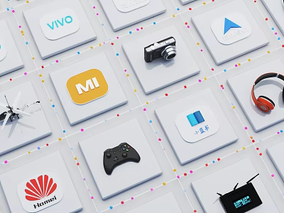 Various App Icons and Electronic Devices Including Vivo MI Huawei Camera Headphones and Game Controller 3d model