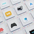 Various App Icons and Electronic Devices Including Vivo MI Huawei Camera Headphones and Game Controller