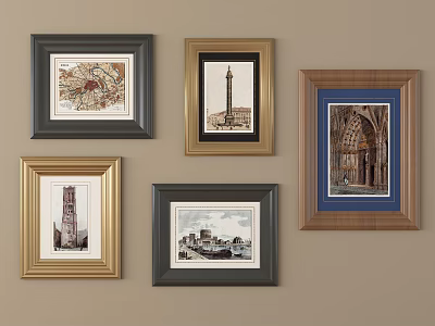 Various Framed Decorative Artworks With Architectural Prints On Beige Wall 3d model