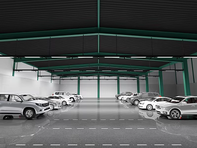 Car Showroom Interior Featuring Multiple Cars On Marked Floor With Green Framework And Lighting 3d model