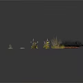 Various Plants with Small Stones Yellow Flowers and Black Bushes on White Background