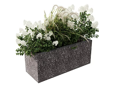 Rectangular Terrazzo Flower Pot With Decorative White Flowers Green Plants And Grasses 3d model