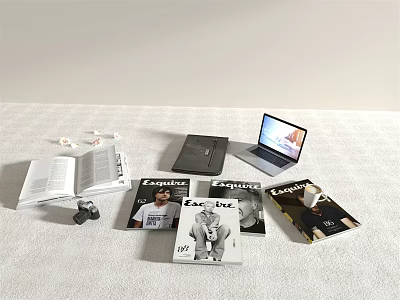 Open Books and Magazines Display with Laptop Table Lamp and Papers on Light Surface 3d model