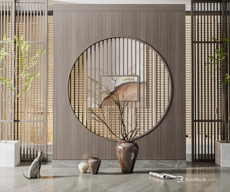 Modern Chinese Wooden Partition With Circular Grille Design Decorative Vase And Green Plant 3d model 