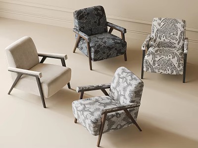 Neutral And Blue Accent Lounge Chairs With Diverse Patterns And Wooden Frames 3d model