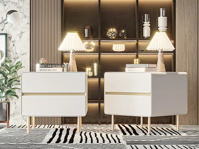 Two White Nightstands with Lamps and Decorative Items in Modern Bedroom 3d model