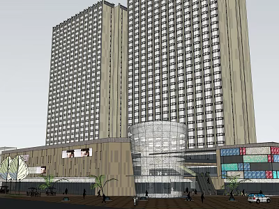 Modern Commercial Complex With Tall Buildings Glass Curtain Walls And Lower Commercial Area 3d model