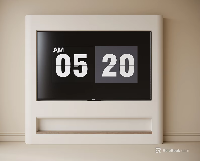 Modern White TV Stand with Black Screen and Digital Time 3d model
