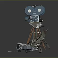 Vintage Blue Film Projectors on Tripods with Scattered Parts Against Dark Reflective Background
