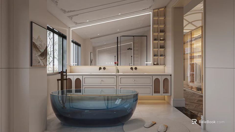 Elegant Modern Bathroom Interior With Blue Freestanding Tub Large Mirror And White Vanity 3d model 