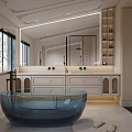 Elegant Modern Bathroom Interior With Blue Freestanding Tub Large Mirror And White Vanity