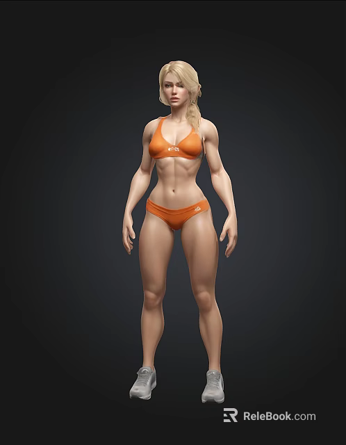 3D Rendered Female Character In Orange Bikini With Muscular Physique On Dark Background 3d model 