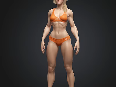 3D Rendered Female Character In Orange Bikini With Muscular Physique On Dark Background 3d model