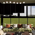 Modern Living Room With Large Windows Green Lawn Mountain View Sofa Coffee Table And Plants